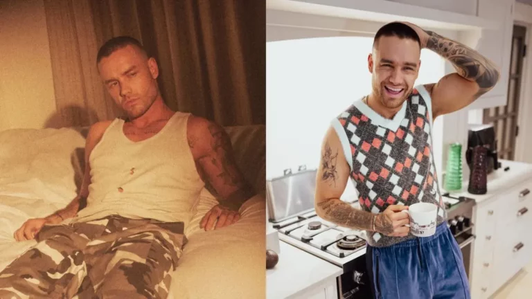 Liam Payne deixa fortuna milionária para filho e decisão sobre herança surpreende; entenda Montagem com duas fotos de Liam Payne; à esquerda, o cantor aparece sentado em uma cama usando camiseta regata branca e calça camuflada, enquanto à direita sorri em uma cozinha segurando uma caneca.
