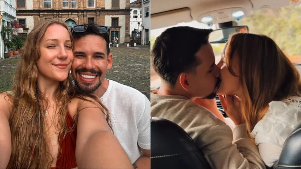 Lucas Borbas, viúvo de Isabel Veloso, anuncia noivado cinco meses após morte da esposa Montagem com casal Lucas Borbas e Diulia Loregian em dois momentos: selfie sorrindo em área histórica e beijo dentro de um carro.
