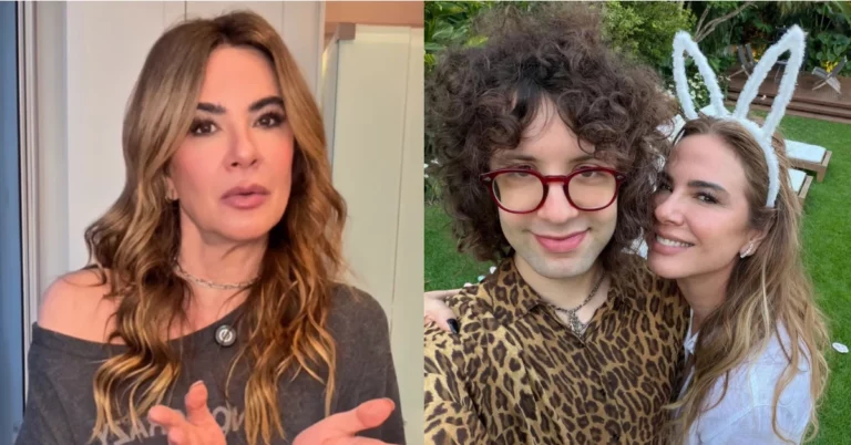Montagem mostra Luciana Gimenez durante desabafo nas redes sociais e, ao lado, em foto ao lado do filho Lucas Jagger.