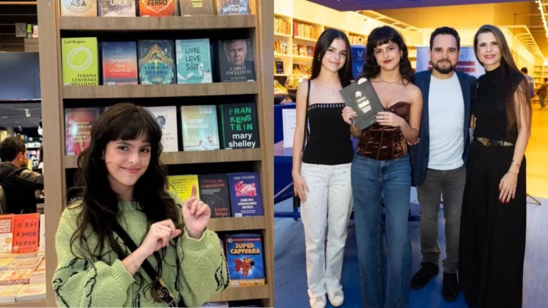 Luciano Camargo se emociona ao encontrar obra da filha exposta em livraria Montagem mostra Isa Fonseca sorrindo diante de estante de livros e família de Luciano Camargo posando durante evento em livraria.