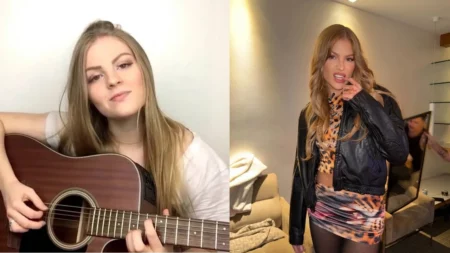 Montagem mostra Luísa Sonza tocando violão e em fase atual com look moderno.
