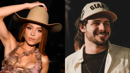 Montagem com Maiara usando chapéu bege e Felipe Cavalliere sorrindo. O casal ganhou destaque após a cantora se declarar ao namorado durante um jantar compartilhado nas redes sociais.