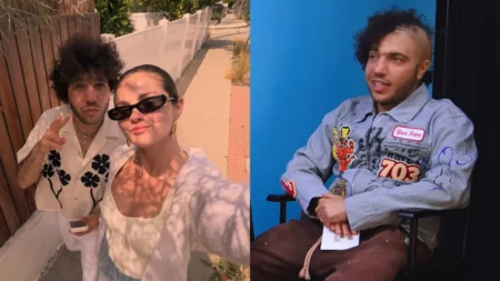 Montagem mostra Benny Blanco ao lado de Selena Gomez em foto recente e, ao lado, o produtor exibindo o novo corte de cabelo com metade da cabeça raspada durante entrevista ao canal Complex.