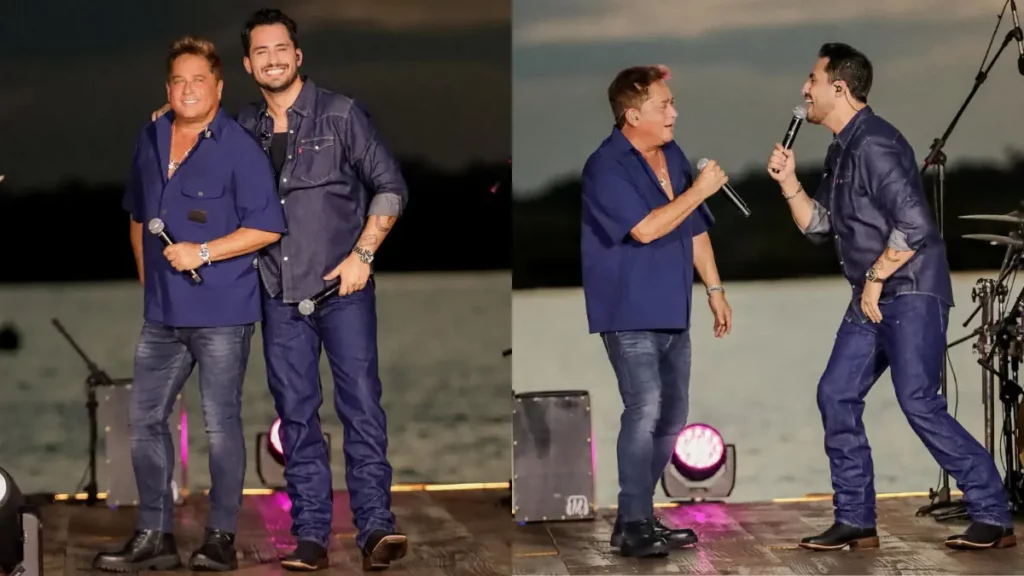 Montagem com duas fotos de Leonardo e Matheus Vargas durante uma apresentação musical. Na primeira imagem, os dois posam juntos no palco. Na segunda, pai e filho cantam lado a lado.