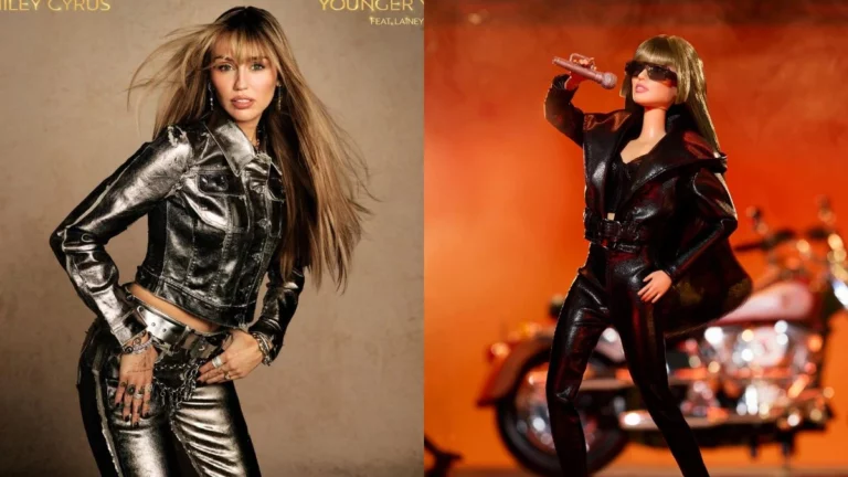 Montagem comparativa mostra a cantora Miley Cyrus com jaqueta e calça prateadas e, ao lado, uma boneca estilo Barbie inspirada no mesmo visual, segurando um microfone e usando óculos escuros.