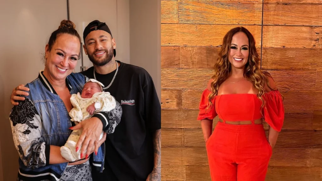 Nadine Gonçalves, mãe de Neymar, emociona com apoio ao filho antes da estreia na Copa Montagem mostra Neymar ao lado da mãe segurando um bebê recém-nascido e, ao lado, Nadine Gonçalves posando com conjunto vermelho.