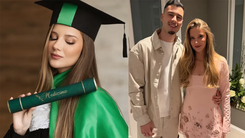 Em nova fase, namorada de Gabriel Martinelli se forma em medicina e recebe apoio de WAGs Montagem de fotos com Isabella Ruosso se formando em medicina e ao lado do namorado, Gabriel Martinelli