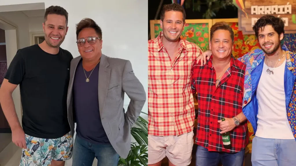 Montagem com duas fotos da família de Leonardo. Na primeira, Pedro Leonardo posa ao lado do pai em um ambiente interno. Na segunda, Pedro Leonardo, Leonardo e Zé Felipe aparecem juntos durante uma festa temática, sorrindo para a câmera.