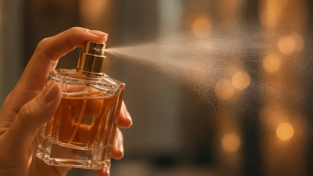 Uma pessoa borrifando perfume.