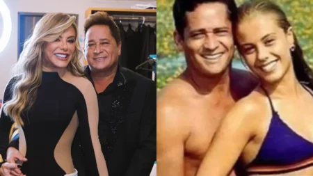 Montagem mostra Poliana Rocha e Leonardo atualmente, à esquerda, e no início do relacionamento, à direita, em comparação compartilhada após a jornalista publicar um clique antigo do casal.
