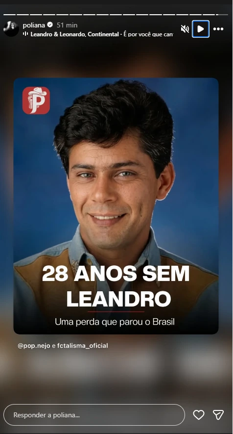 Story de Poliana Rocha relembra os 28 anos da morte de Leandro com mensagem emocionante sobre o cantor sertanejo