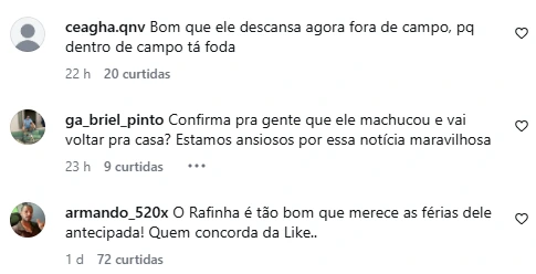 Esposa de Raphinha quebra silêncio após fala de Vampeta e faz declaração ao jogador 10 Comentários de apoio a Raphinha após publicação de Natalia Belloli nas redes sociais