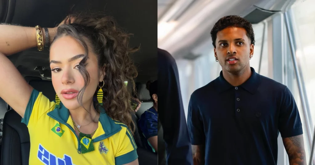 Maisa Silva com camisa do Brasil e Rodrygo Goes em montagem sobre jogo da seleção