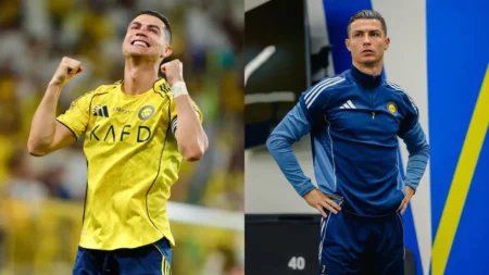 Cristiano Ronaldo com uniforme do Al-Nassr em duas imagens lado a lado: à esquerda, comemorando durante uma partida; à direita, durante um treinamento do clube saudita.