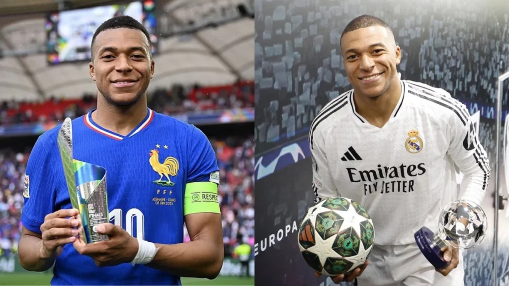 Montagem mostra Kylian Mbappé com troféus pela seleção da França e pelo Real Madrid, em referência ao salário Mbappé.