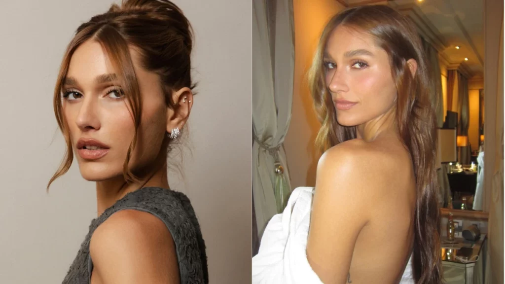 Sasha Meneghel desabafa sobre críticas ao corpo dias após negar gravidez; confira Montagem com duas fotos de Sasha Meneghel. À esquerda, ela posa de perfil com cabelo preso e vestido cinza. À direita, aparece de costas com os cabelos soltos e ombros à mostra em ambiente interno.