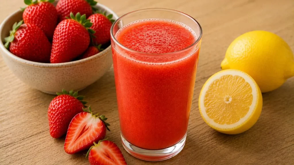 Suco de morango com limão: benefícios da combinação e preparo ideal Copo de suco de morango com limão sobre mesa de madeira, cercado por morangos frescos e limões inteiros e cortados.
