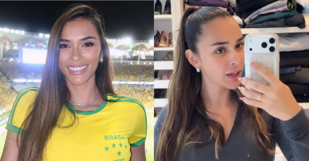 Tainá Militão aparece em montagem com duas fotos: à esquerda, usando camiseta da Seleção Brasileira em um estádio; à direita, gravando um vídeo em frente ao espelho de um closet.