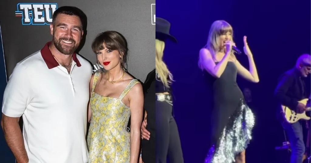 Taylor Swift aparece ao lado de Travis Kelce em montagem com registro da cantora no palco durante evento beneficente no Tennessee