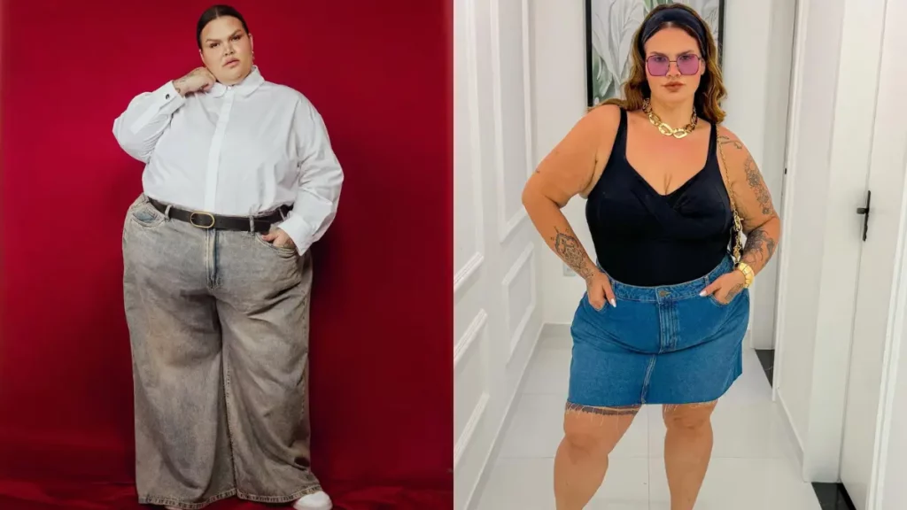 Thais Carla antes e depois em foto comparativa que mostra a influenciadora antes da bariátrica e após perder mais de 100 quilos, evidenciando sua transformação física