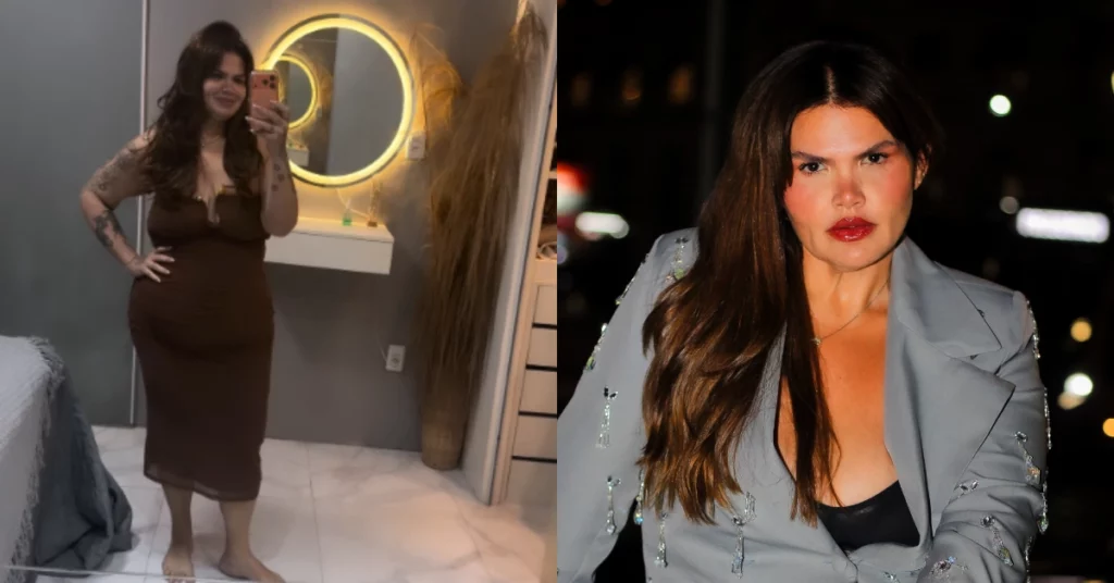 Thais Carla aparece em montagem com vestido marrom tamanho P e blazer cinza após compartilhar transformação nas redes sociais