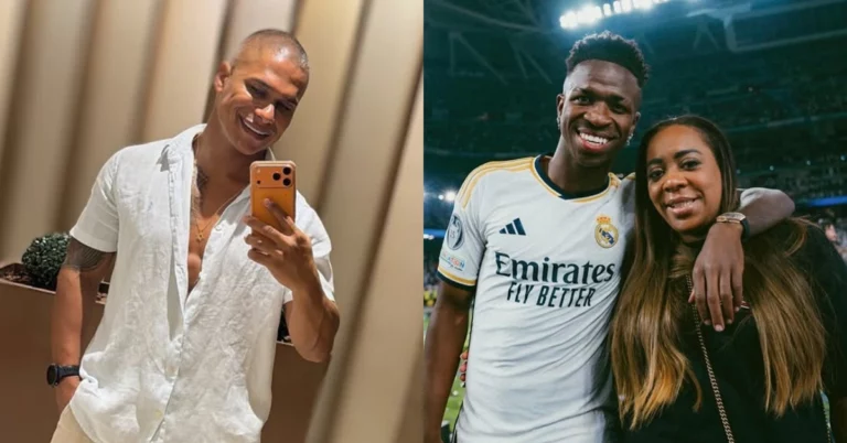 Montagem mostra Thiago Gonçalves, ex de Jojo Todynho, em selfie no espelho ao lado de Vini Jr. abraçado com a mãe, Fernanda Cristina, em estádio