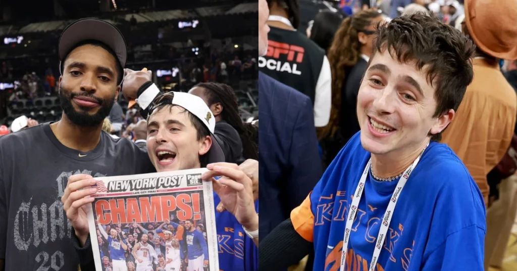 Timothée Chalamet aparece sorrindo em montagem durante comemoração do New York Knicks, segurando jornal sobre o título da equipe na NBA