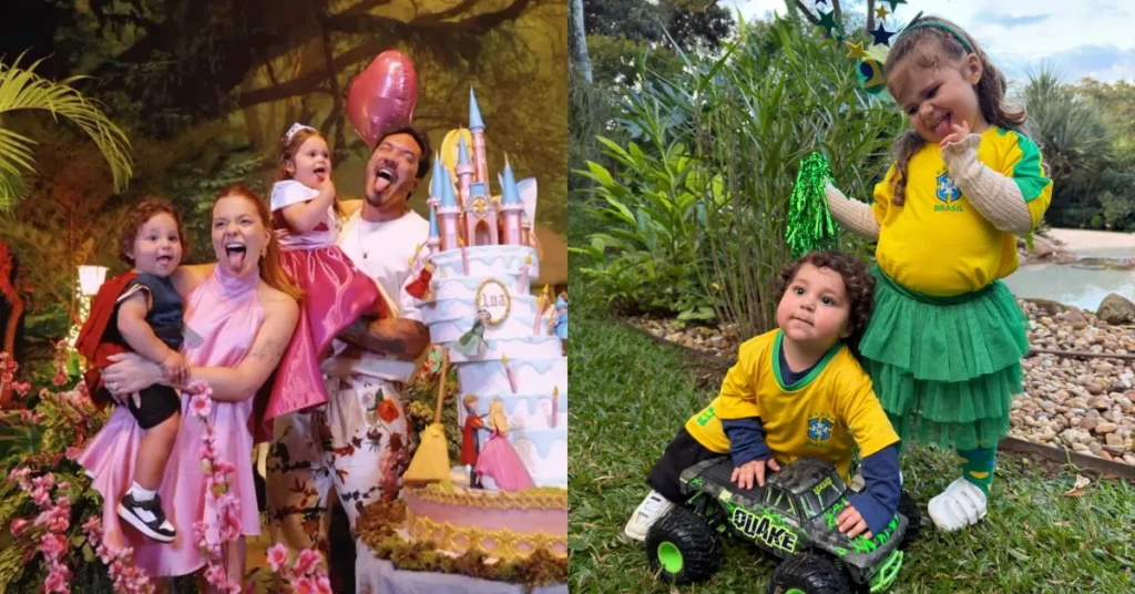 Viih Tube aparece com Eliezer e os filhos Lua e Ravi em montagem usada em notícia sobre rotina com 6 babás