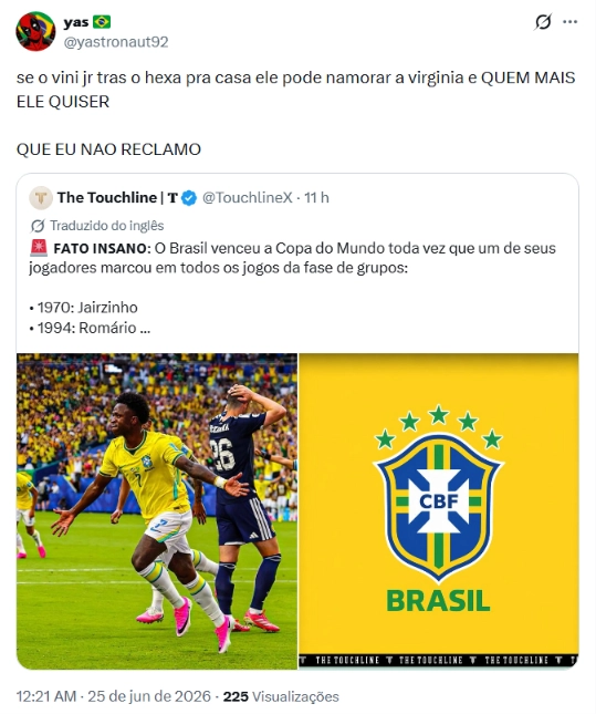 Virginia surge com mãe de Vini Jr. e comentário do atleta viraliza 3 Tweet associa boa fase de Vini Jr. na Copa do Mundo a Virginia Fonseca e brinca sobre possível namoro