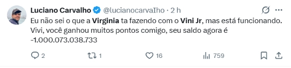 Virginia surge com mãe de Vini Jr. e comentário do atleta viraliza 5 Tweet de Luciano Carvalho brinca que Virginia Fonseca estaria funcionando na fase de Vini Jr. durante a Copa