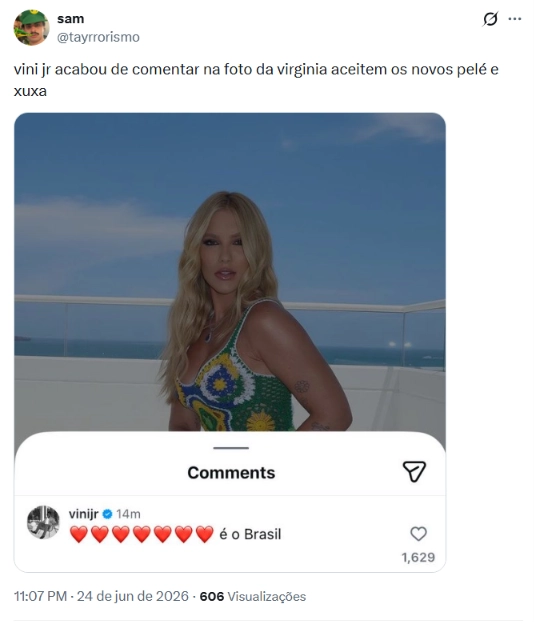 Virginia surge com mãe de Vini Jr. e comentário do atleta viraliza 2 Tweet de usuário comenta foto de Virginia Fonseca e compara possível aproximação com Vini Jr. a Pelé e Xuxa