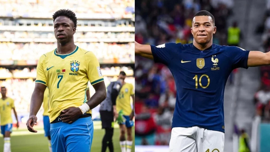 Montagem mostra Vinícius Júnior pela Seleção Brasileira e Kylian Mbappé pela França, em comparação entre estrelas do futebol mundial.