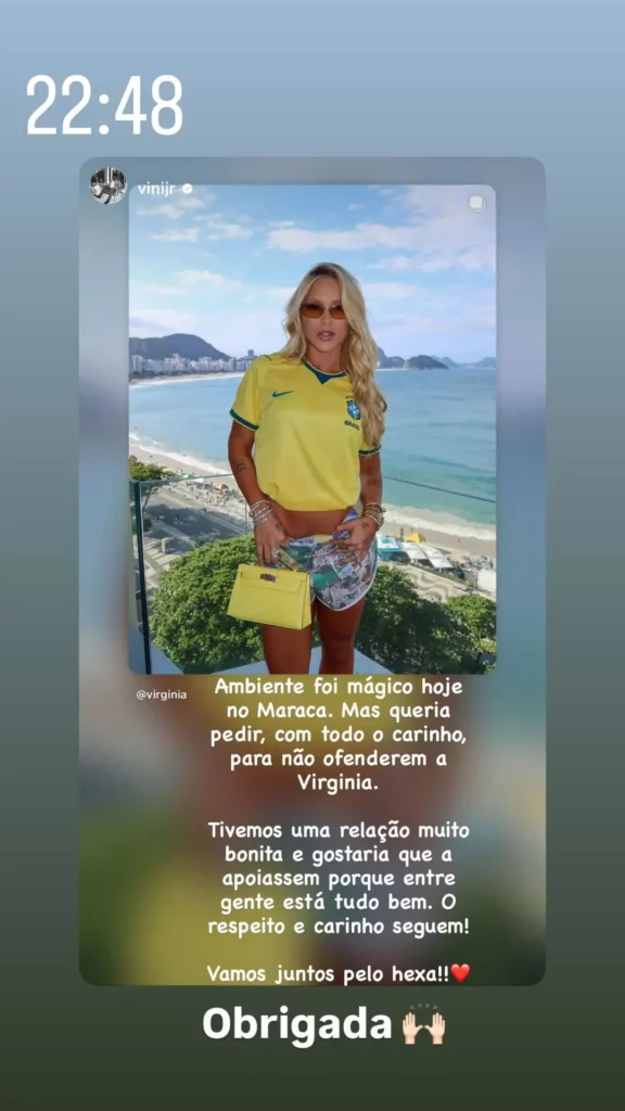 Story compartilhado por Virginia Fonseca mostra publicação de Vini Jr. pedindo respeito à influenciadora após ofensas durante jogo da Seleção Brasileira, acompanhada da resposta "Obrigada".