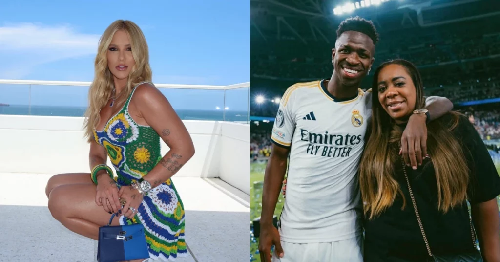 Virginia surge com mãe de Vini Jr. e comentário do atleta viraliza Montagem mostra Virginia Fonseca com look verde e amarelo e Vini Jr. ao lado da mãe, Fernanda Cristina, em campo