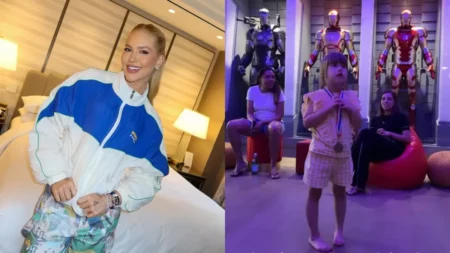 Montagem mostra Virginia Fonseca sorrindo em um quarto de hotel e, ao lado, uma das áreas temáticas da mansão em Orlando, onde uma criança aparece em frente a armaduras inspiradas no Homem de Ferro enquanto adultos observam o ambiente iluminado por luzes coloridas.