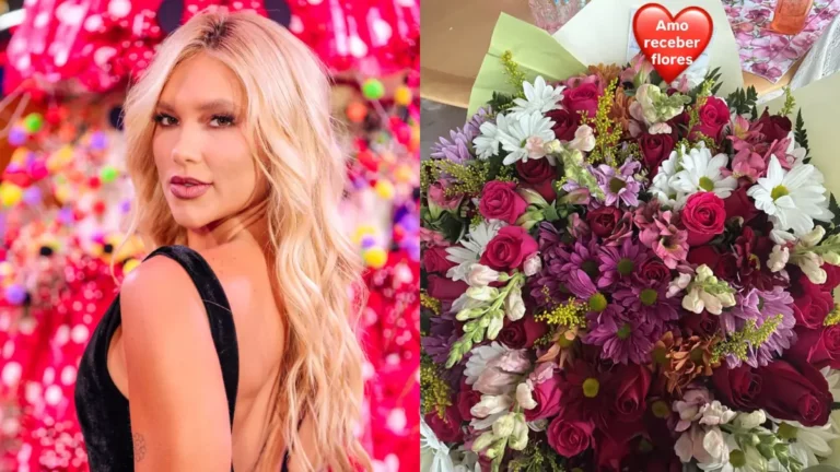 Montagem com Virginia Fonseca em evento e o buquê de flores coloridas recebido pela influenciadora, exibido em publicação nas redes sociais com a frase "Amo receber flores".