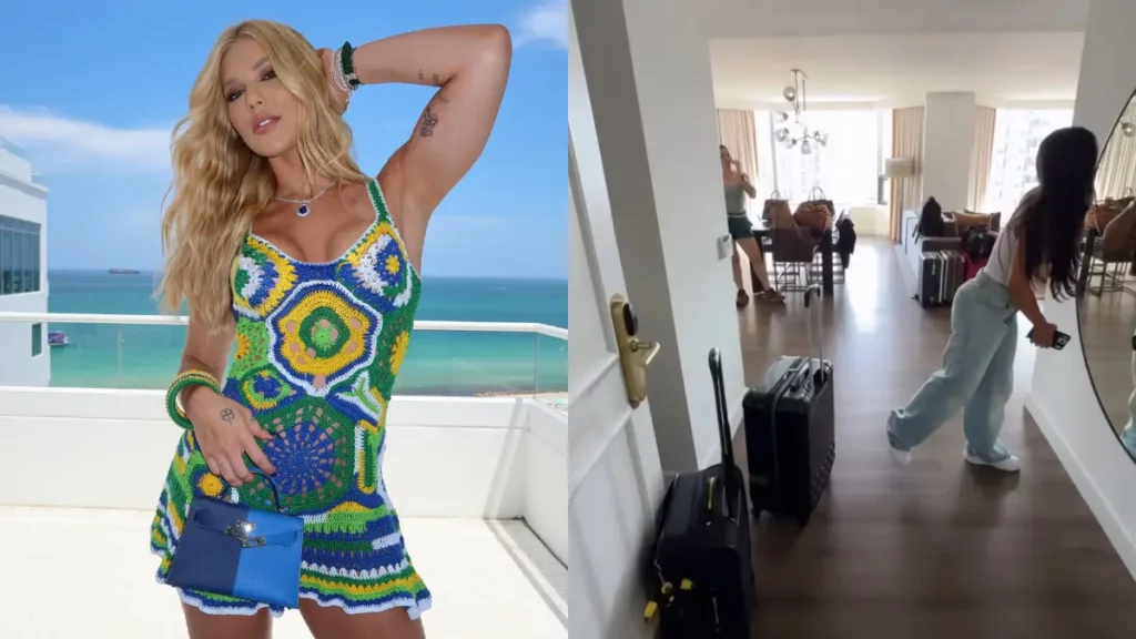 Montagem com duas fotos da influenciadora Virginia Fonseca. À esquerda, ela posa em uma sacada ensolarada com o mar ao fundo, vestindo um minivestido de crochê nas cores verde, amarelo, azul e branco, segurando uma pequena bolsa azul. À direita, um registro em vídeo mostra o interior de uma hospedagem ampla e iluminada, com malas de viagem no chão do corredor e Virginia caminhando pelo espaço de calça jeans e blusa branca.