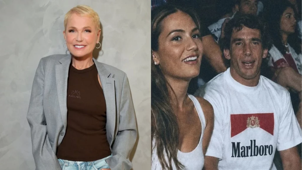 Montagem mostra Xuxa em retrato recente e foto antiga de Luiza Brunet ao lado de Ayrton Senna durante evento público.