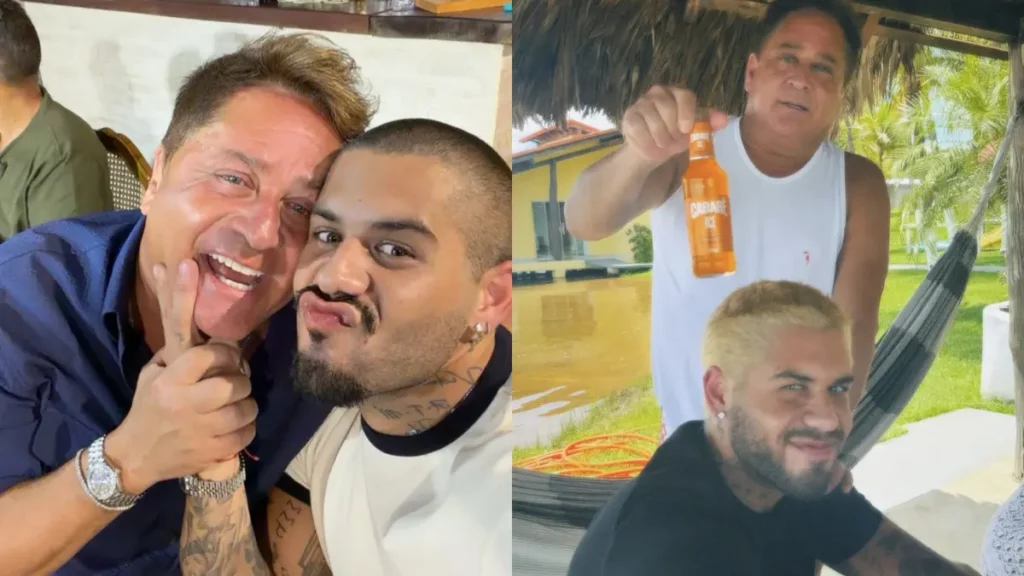 Montagem com duas fotos de Leonardo e Zé Felipe. Na primeira imagem, pai e filho aparecem sorrindo e fazendo poses divertidas durante um encontro. Na segunda, Leonardo e Zé Felipe posam juntos em uma área de lazer ao ar livre, demonstrando proximidade e convivência familiar.