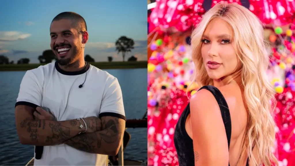 Montagem com Zé Felipe sorrindo à beira de um lago e Virginia Fonseca posando diante de um fundo iluminado, ilustrando a relação entre os dois após a separação.