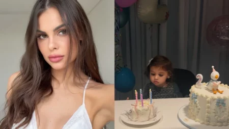 Após festa de Bruna Biancardi, Amanda Kimberlly mostra celebração intimista de Helena Montagem mostra Amanda Kimberlly ao lado de Helena durante a comemoração dos 2 anos da filha, que aparece diante dos bolos de aniversário.