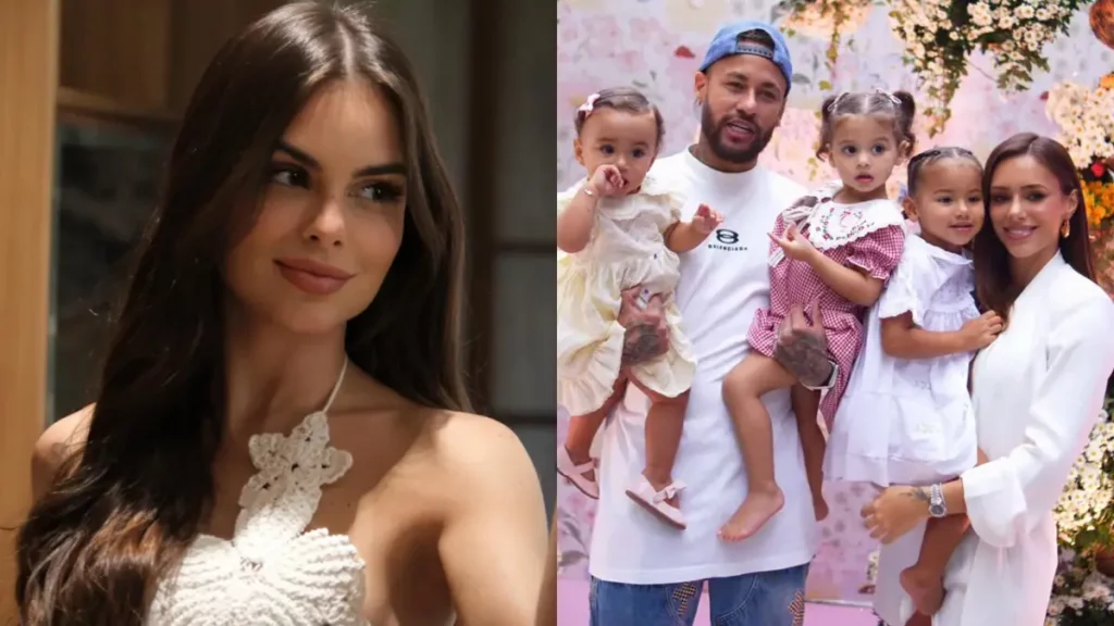 Montagem mostra Amanda Kimberlly em um retrato à esquerda e, à direita, Bruna Biancardi ao lado de Neymar, Helena, Mel e Mavie durante a festa de aniversário compartilhada das meninas.
