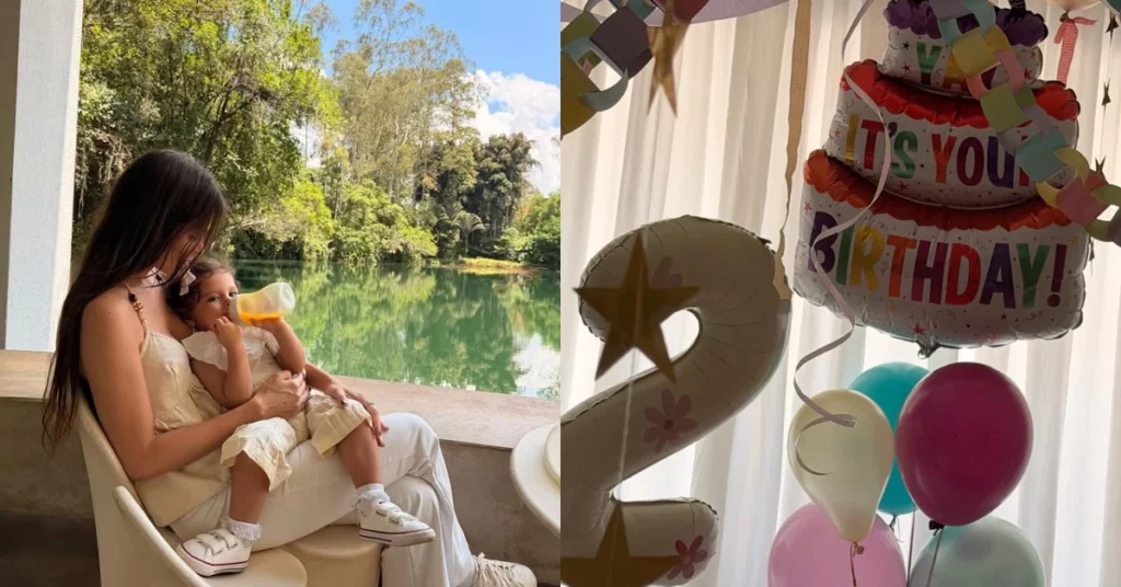 Amanda Kimberlly mostra surpresa para Helena no aniversário de 2 anos Amanda Kimberlly aparece com Helena em montagem ao lado da decoração de aniversário de 2 anos da filha, com balões coloridos e surpresa comemorativa.