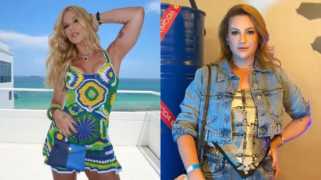 Babá dos filhos de Virginia desabafa após ir a rave: ‘diversão não apaga profissionalismo’ Colagem de duas fotos lado a lado. À esquerda, a influenciadora Virginia Fonseca posa em uma sacada de hotel à beira-mar, usando um vestido de crochê colorido e segurando uma bolsa azul. À direita, Renata Mendes, uma das babás de seus filhos, posa em um ambiente interno com uma jaqueta jeans e uma blusa estampada. Ambas as mulheres estão sorrindo para a câmera.