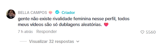Bella Campos reage após unfollow de Vini Jr.: ‘Não existe rivalidade’ 1 Comentário de Bella Campos no TikTok negando rivalidade feminina e explicando que publica dublagens aleatórias