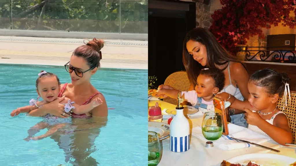 Bruna Biancardi aparece com Mel na piscina e em outro momento ao lado das filhas Mel e Mavie.