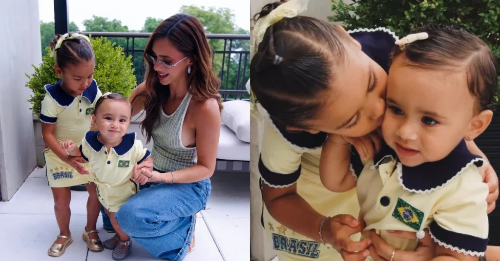 Bruna Biancardi posa com Mavie e Mel em registros do aniversário de 1 ano da filha com Neymar