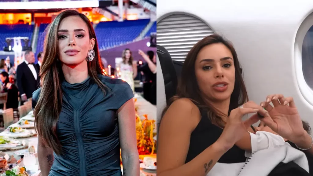 Bruna Biancardi revela susto em jatinho de Neymar: ‘combustível comprometido’ Uma colagem de duas fotos de Bruna Biancardi. À esquerda, ela está em um evento formal de vestido preto. À direita, ela está sentada dentro de um jatinho com expressão de preocupação.