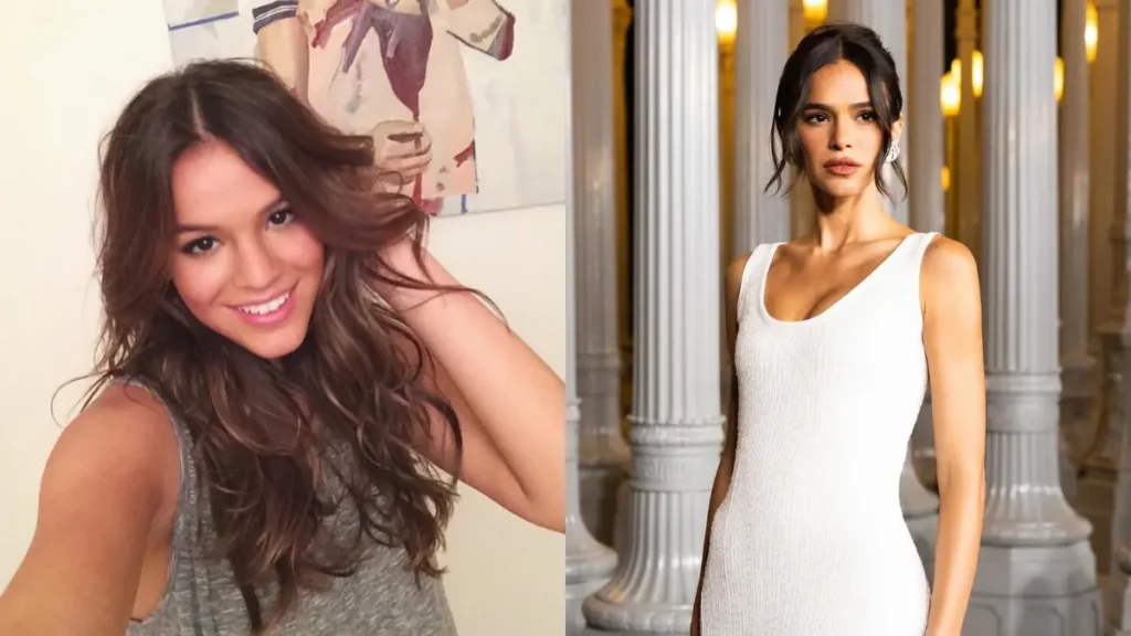 Bruna Marquezine antes e depois: Veja a transformação Montagem com duas fotos de Bruna Marquezine em épocas diferentes: à esquerda, a atriz mais jovem, com cabelos longos e ondulados, usando regata cinza e sorrindo para a câmera; à direita, em fase recente, veste um vestido branco e posa com coque baixo em um ambiente com colunas, evidenciando a evolução de sua aparência.