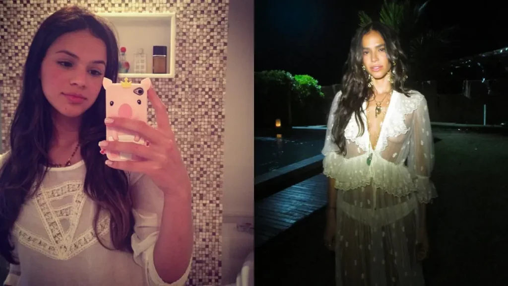 Bruna Marquezine antes e depois: Veja a transformação 3 Montagem de fotos da atriz Bruna Marquezine. À esquerda, uma selfie jovem no espelho em um banheiro com uma capa de porquinho fofa. À direita, uma foto noturna de Bruna adulta em um vestido branco transparente e longo